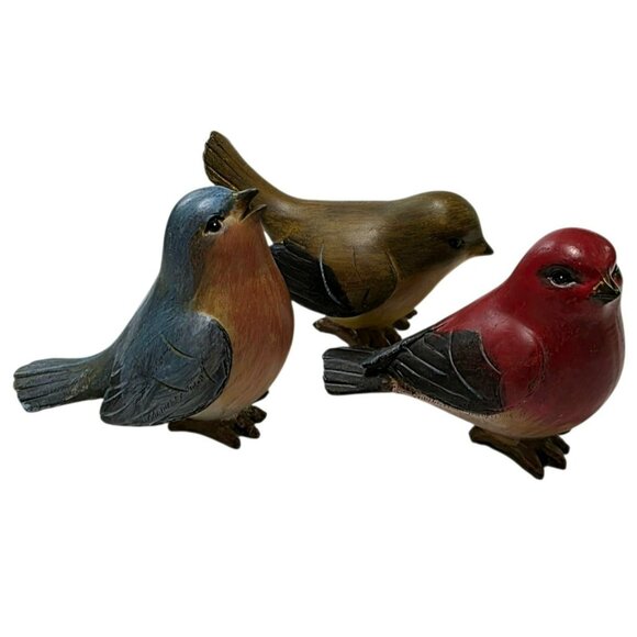 3 Vintage Tii Bird Figurine Red Tanager Bluebird Brown Wren Rustic Country Decor - Picture 2 of 16